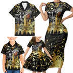 Personalised Collingwood Magpies City Of Football Team Family Matching Short Sleeve Bodycon Dress and Hawaiian Shirt Melbourne City Skyline Illustration Sport Fan