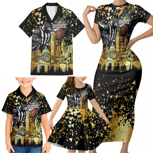 Personalised Collingwood Magpies City Of Football Team Family Matching Short Sleeve Bodycon Dress and Hawaiian Shirt Melbourne City Skyline Illustration Sport Fan