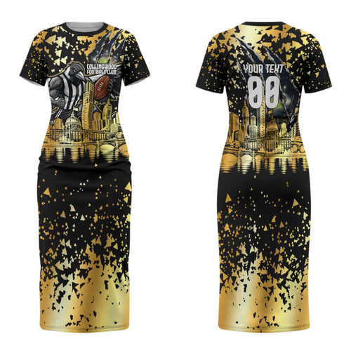 Personalised Collingwood Magpies City Of Football Team Family Matching Short Sleeve Bodycon Dress and Hawaiian Shirt Melbourne City Skyline Illustration Sport Fan