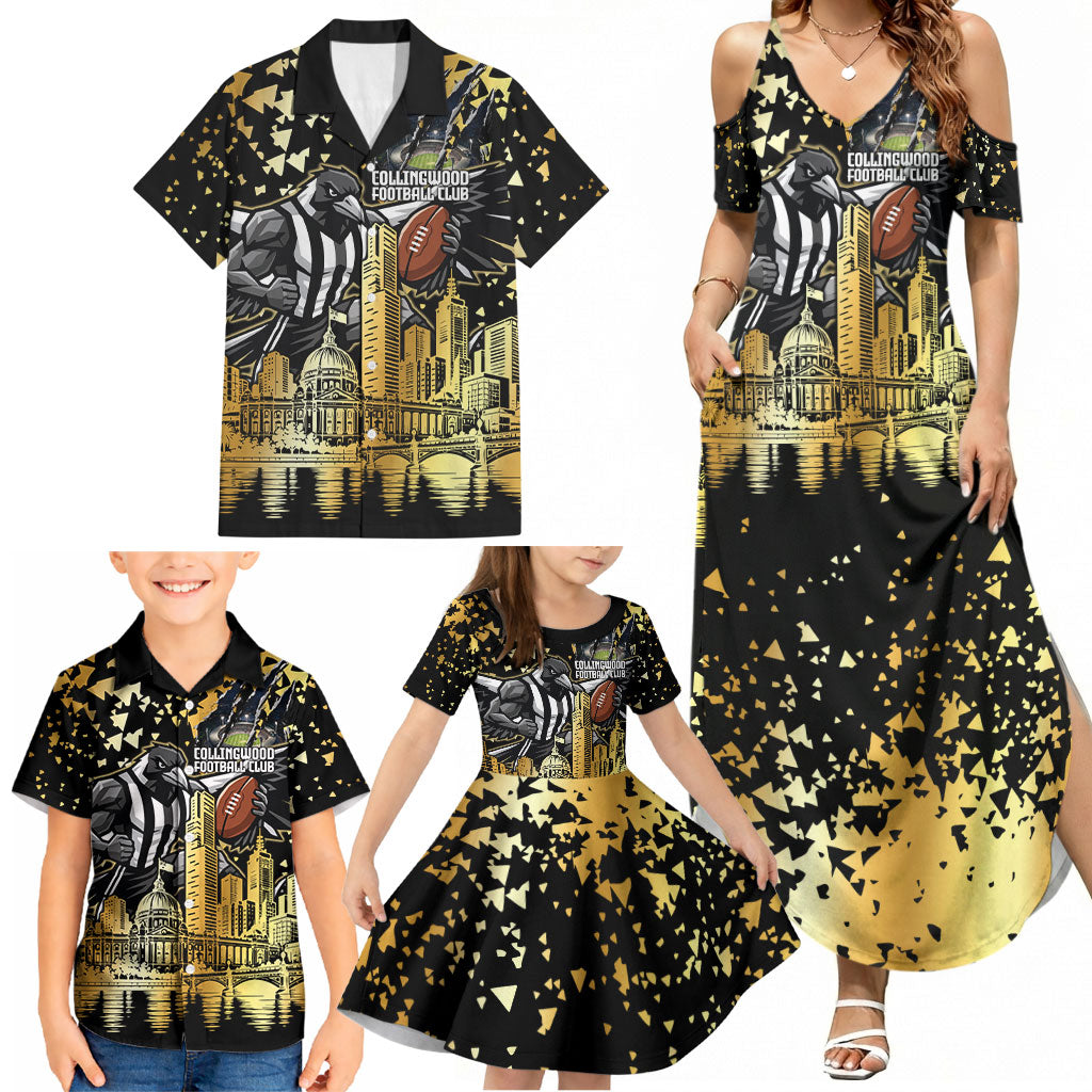 Personalised Collingwood Magpies City Of Football Team Family Matching Summer Maxi Dress and Hawaiian Shirt Melbourne City Skyline Illustration Sport Fan