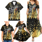 Personalised Collingwood Magpies City Of Football Team Family Matching Summer Maxi Dress and Hawaiian Shirt Melbourne City Skyline Illustration Sport Fan