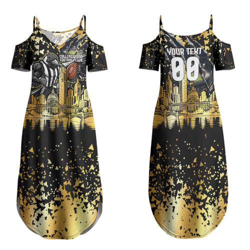 Personalised Collingwood Magpies City Of Football Team Family Matching Summer Maxi Dress and Hawaiian Shirt Melbourne City Skyline Illustration Sport Fan