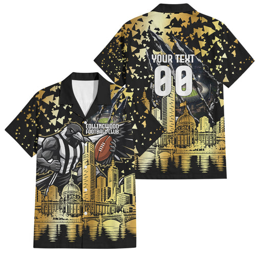 Personalised Collingwood Magpies City Of Football Team Family Matching Summer Maxi Dress and Hawaiian Shirt Melbourne City Skyline Illustration Sport Fan