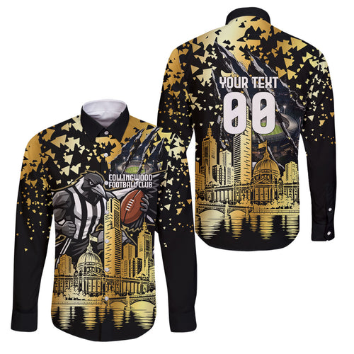 Personalised Collingwood Magpies City Of Football Team Family Matching Summer Maxi Dress and Hawaiian Shirt Melbourne City Skyline Illustration Sport Fan
