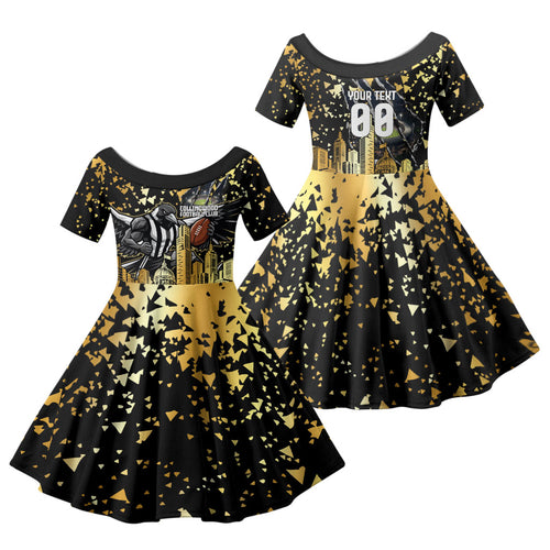 Personalised Collingwood Magpies City Of Football Team Family Matching Summer Maxi Dress and Hawaiian Shirt Melbourne City Skyline Illustration Sport Fan