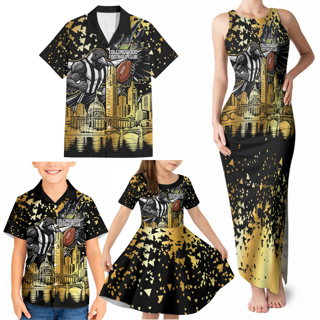 Personalised Collingwood Magpies City Of Football Team Family Matching Tank Maxi Dress and Hawaiian Shirt Melbourne City Skyline Illustration Sport Fan