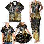 Personalised Collingwood Magpies City Of Football Team Family Matching Tank Maxi Dress and Hawaiian Shirt Melbourne City Skyline Illustration Sport Fan