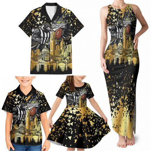 Personalised Collingwood Magpies City Of Football Team Family Matching Tank Maxi Dress and Hawaiian Shirt Melbourne City Skyline Illustration Sport Fan