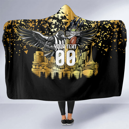 Personalised Collingwood Magpies City Of Football Team Hooded Blanket Melbourne City Skyline Illustration Sport Fan