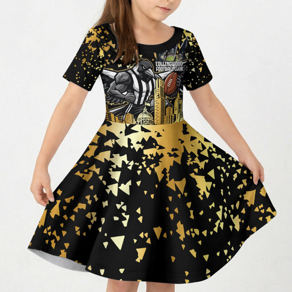 Personalised Collingwood Magpies City Of Football Team Kid Short Sleeve Dress Melbourne City Skyline Illustration Sport Fan