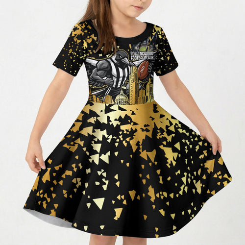 Personalised Collingwood Magpies City Of Football Team Kid Short Sleeve Dress Melbourne City Skyline Illustration Sport Fan