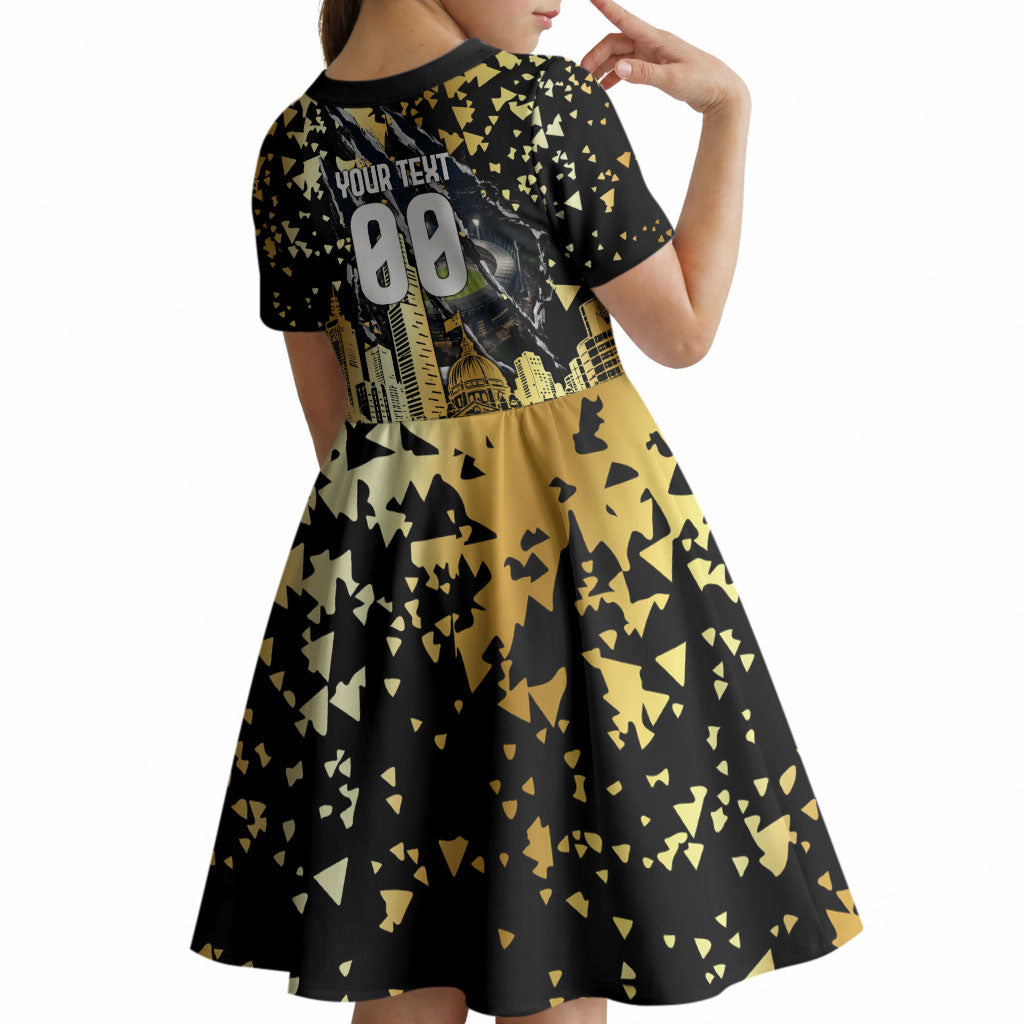 Personalised Collingwood Magpies City Of Football Team Kid Short Sleeve Dress Melbourne City Skyline Illustration Sport Fan