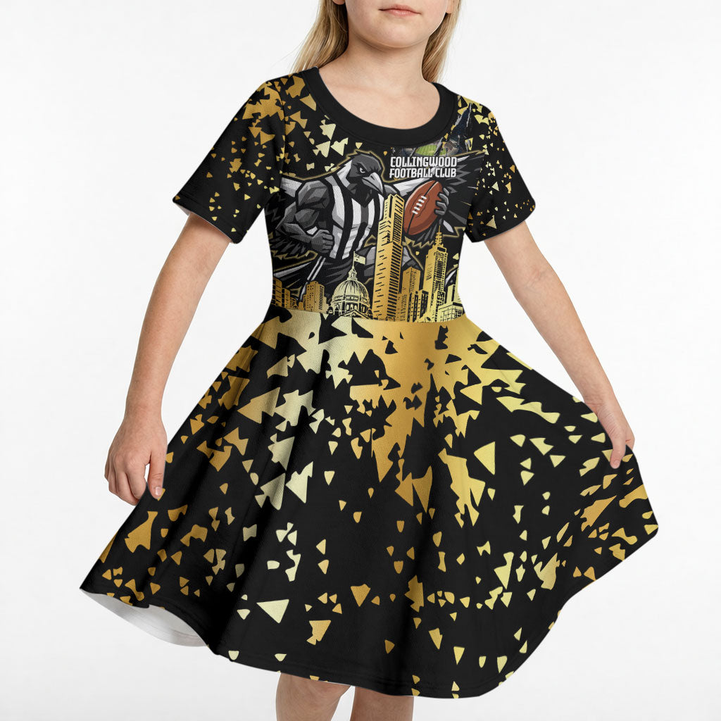 Personalised Collingwood Magpies City Of Football Team Kid Short Sleeve Dress Melbourne City Skyline Illustration Sport Fan