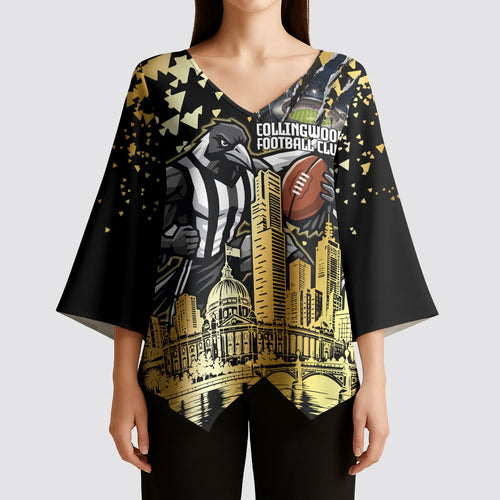 Personalised Collingwood Magpies City Of Football Team Kimono Sleeve Blouse Melbourne City Skyline Illustration Sport Fan