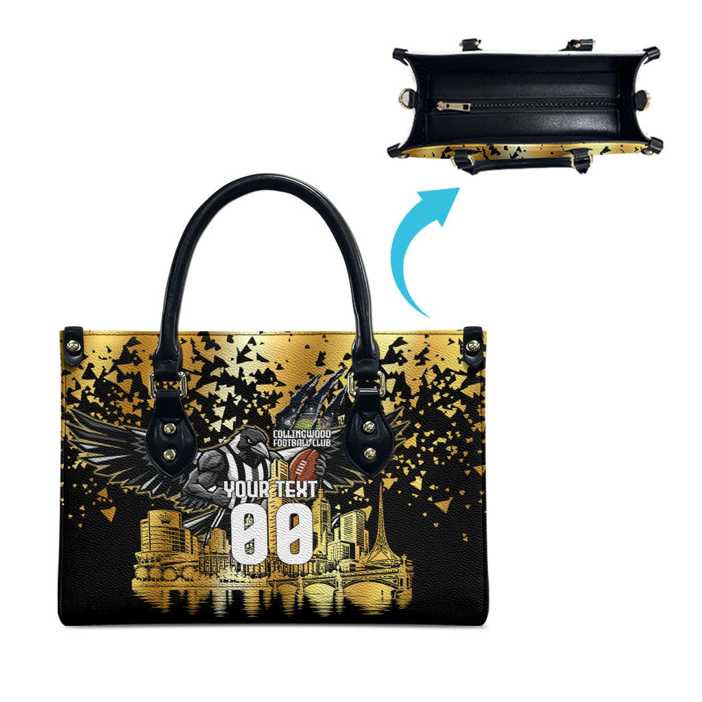Personalised Collingwood Magpies City Of Football Team Leather Bag Melbourne City Skyline Illustration Sport Fan