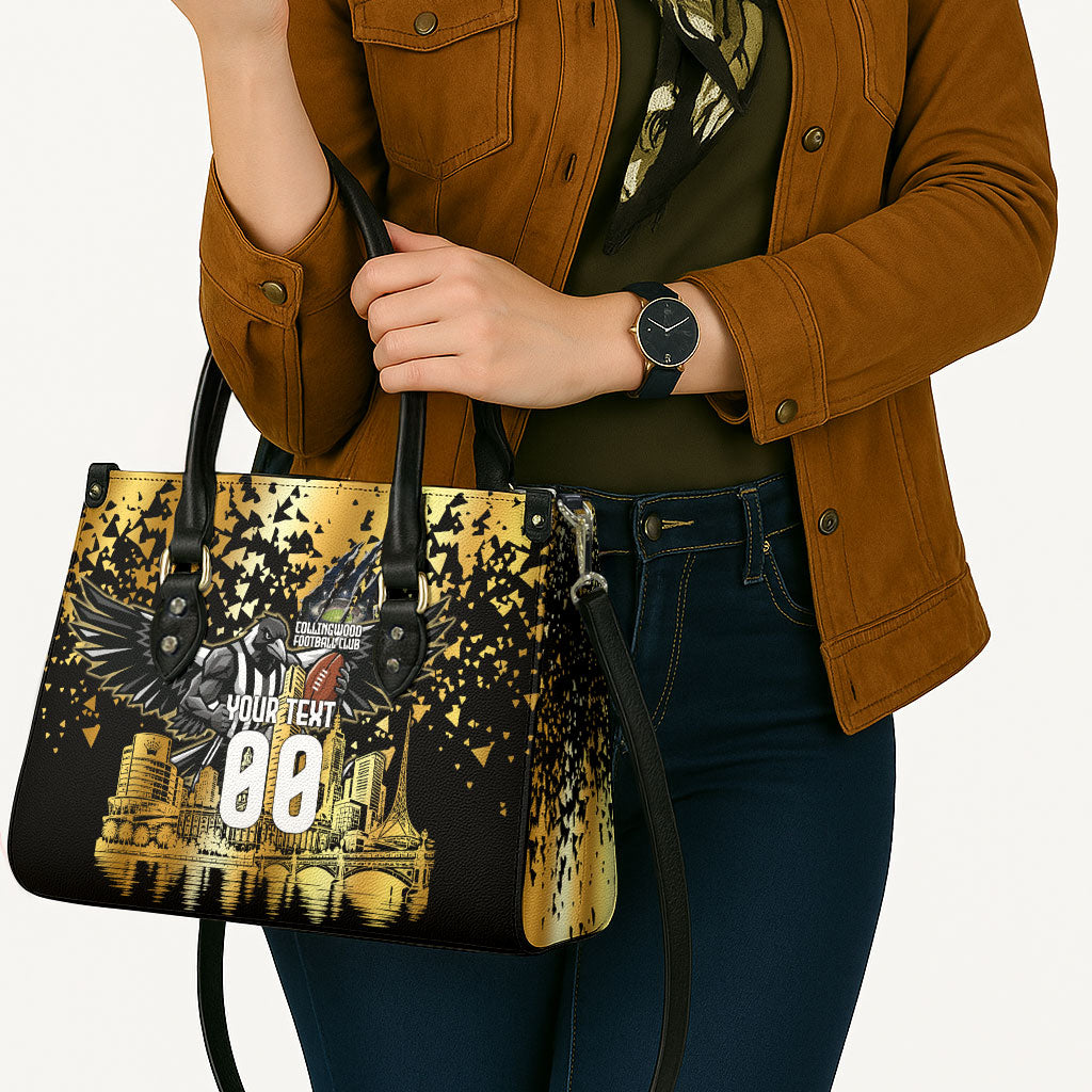 Personalised Collingwood Magpies City Of Football Team Leather Bag Melbourne City Skyline Illustration Sport Fan