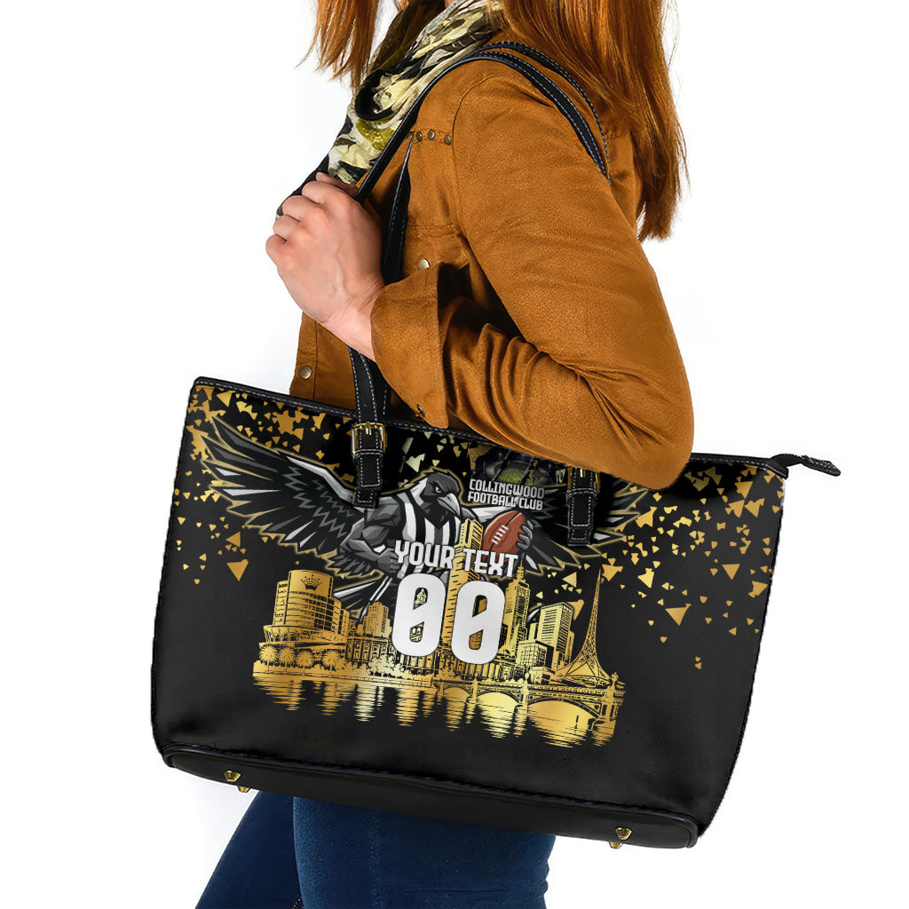 Personalised Collingwood Magpies City Of Football Team Leather Tote Bag Melbourne City Skyline Illustration Sport Fan