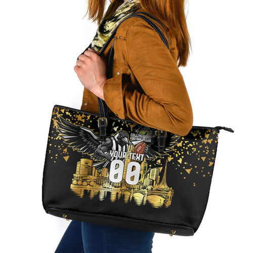 Personalised Collingwood Magpies City Of Football Team Leather Tote Bag Melbourne City Skyline Illustration Sport Fan