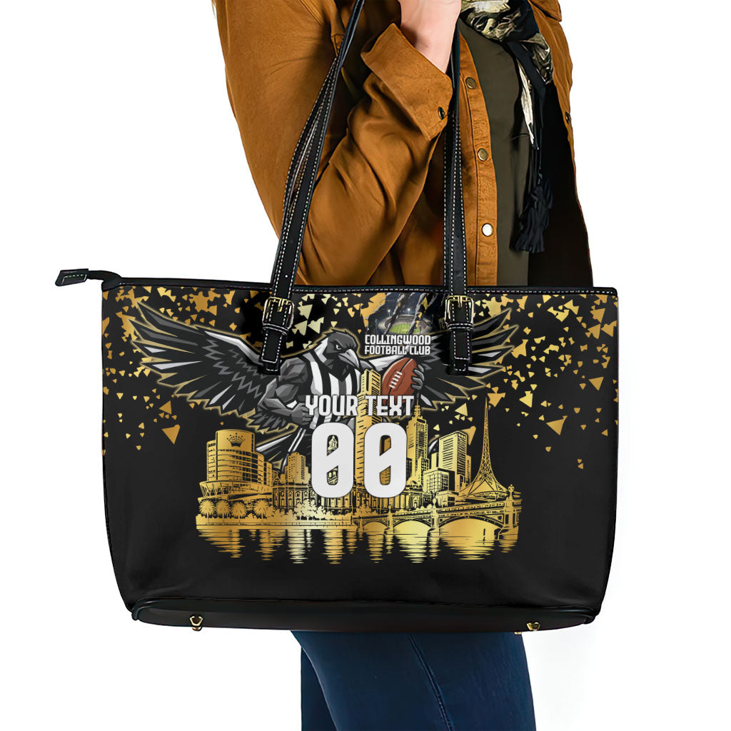 Personalised Collingwood Magpies City Of Football Team Leather Tote Bag Melbourne City Skyline Illustration Sport Fan