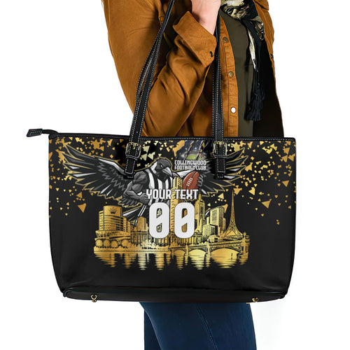 Personalised Collingwood Magpies City Of Football Team Leather Tote Bag Melbourne City Skyline Illustration Sport Fan