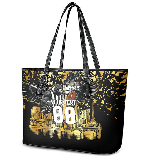 Personalised Collingwood Magpies City Of Football Team Leather Tote Bag Melbourne City Skyline Illustration Sport Fan