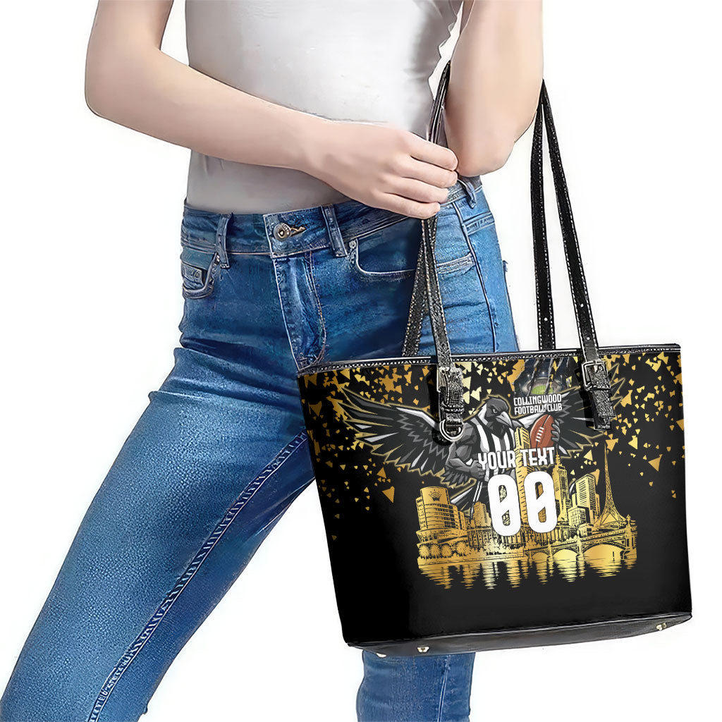Personalised Collingwood Magpies City Of Football Team Leather Tote Bag Melbourne City Skyline Illustration Sport Fan