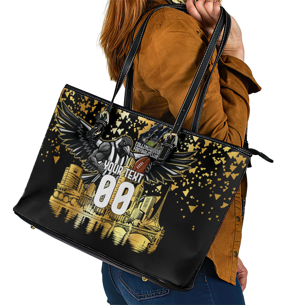 Personalised Collingwood Magpies City Of Football Team Leather Tote Bag Melbourne City Skyline Illustration Sport Fan