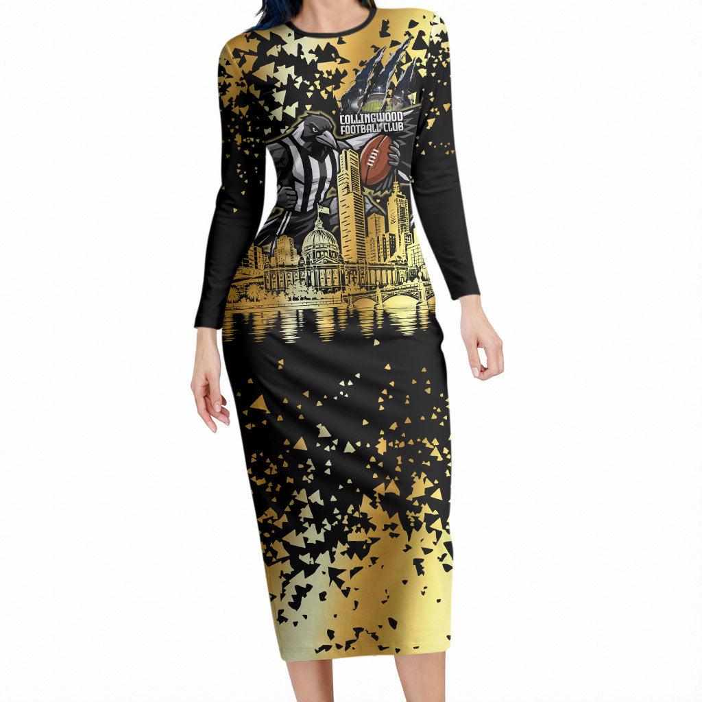 Personalised Collingwood Magpies City Of Football Team Long Sleeve Bodycon Dress Melbourne City Skyline Illustration Sport Fan