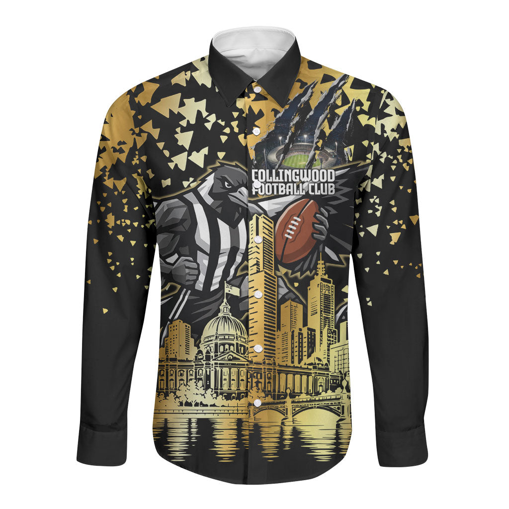 Personalised Collingwood Magpies City Of Football Team Long Sleeve Button Shirt Melbourne City Skyline Illustration Sport Fan