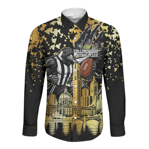 Personalised Collingwood Magpies City Of Football Team Long Sleeve Button Shirt Melbourne City Skyline Illustration Sport Fan
