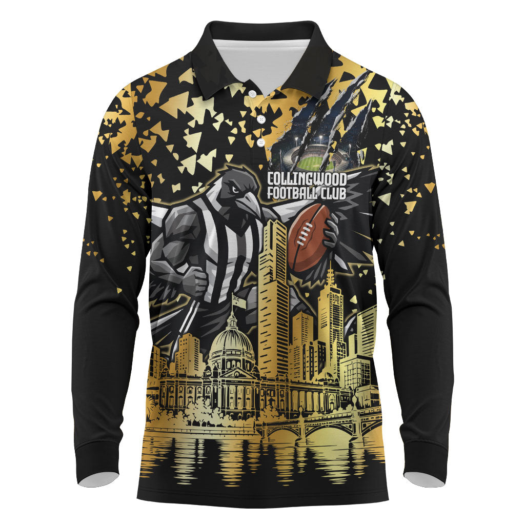 Personalised Collingwood Magpies City Of Football Team Long Sleeve Polo Shirt Melbourne City Skyline Illustration Sport Fan
