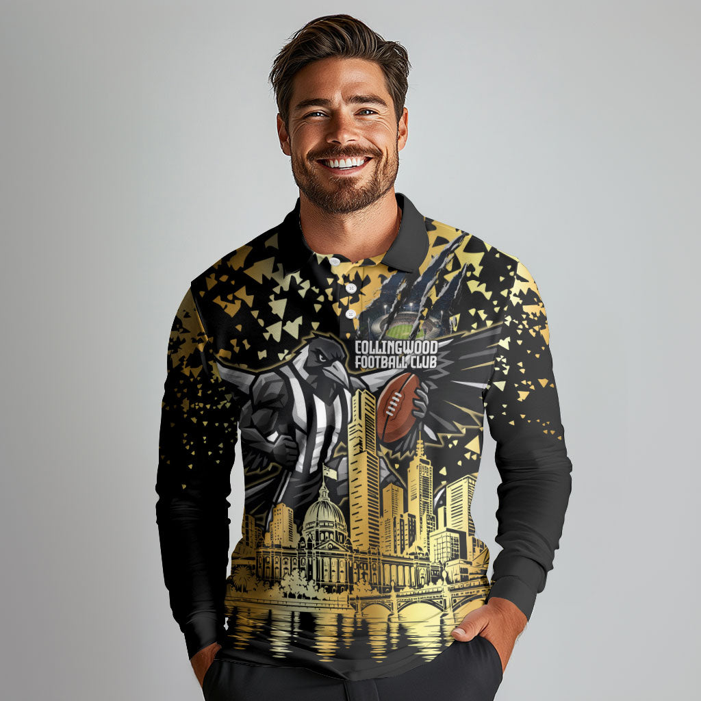 Personalised Collingwood Magpies City Of Football Team Long Sleeve Polo Shirt Melbourne City Skyline Illustration Sport Fan