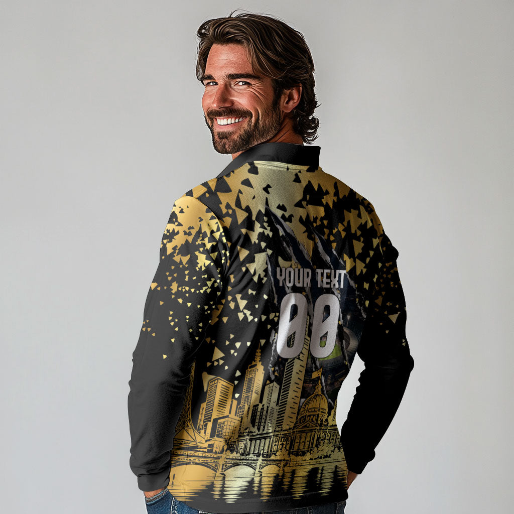 Personalised Collingwood Magpies City Of Football Team Long Sleeve Polo Shirt Melbourne City Skyline Illustration Sport Fan