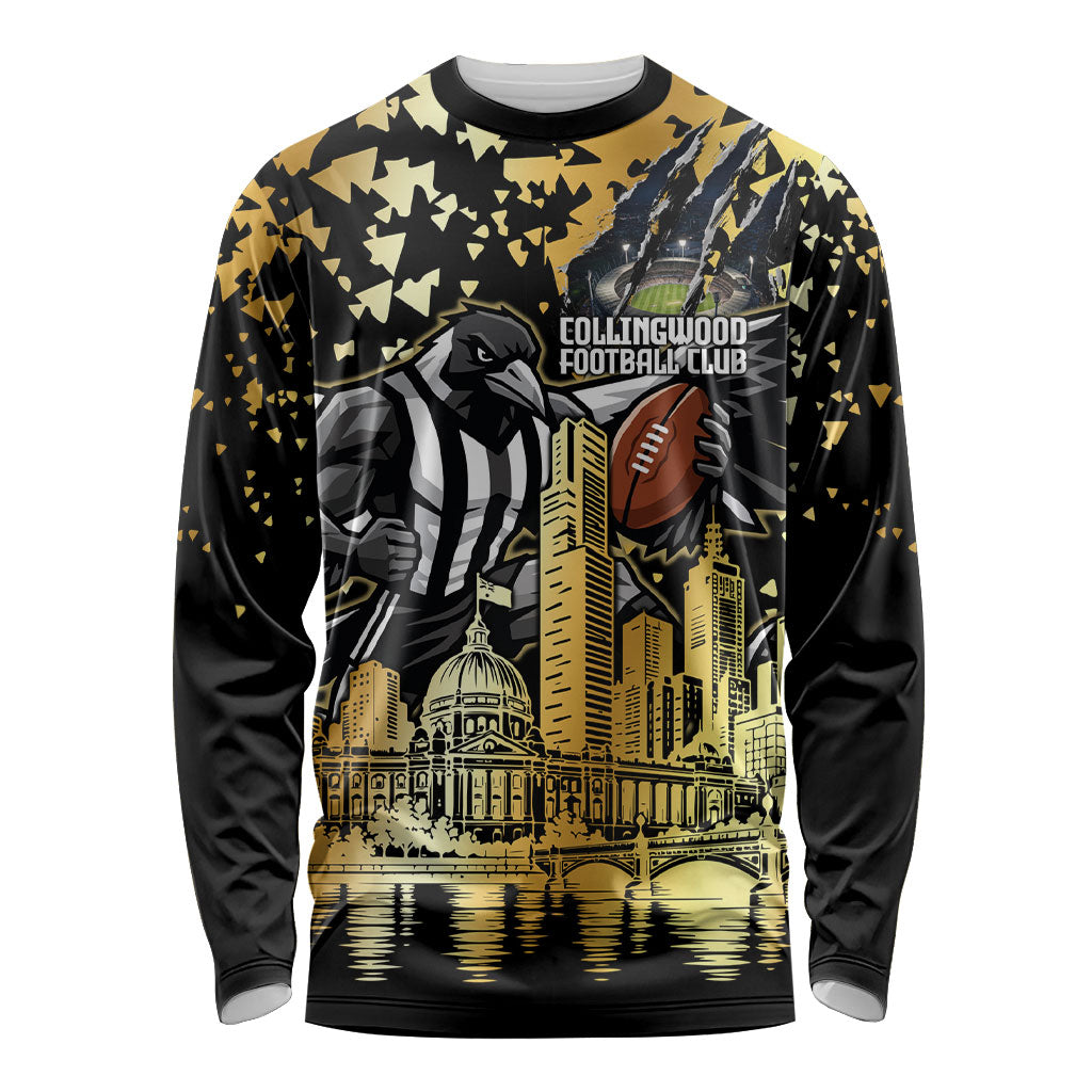 Personalised Collingwood Magpies City Of Football Team Long Sleeve Shirt Melbourne City Skyline Illustration Sport Fan