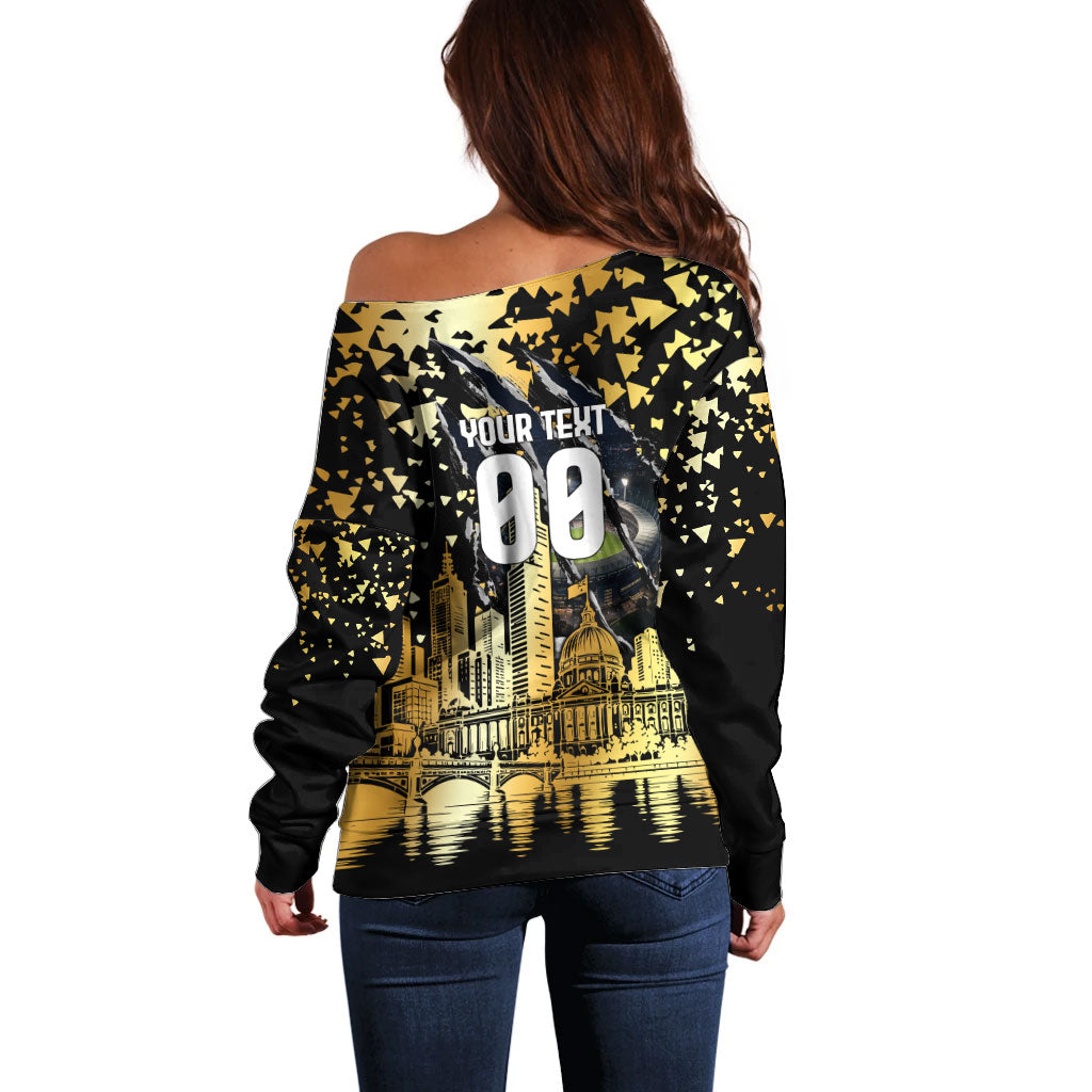 Personalised Collingwood Magpies City Of Football Team Off Shoulder Sweater Melbourne City Skyline Illustration Sport Fan