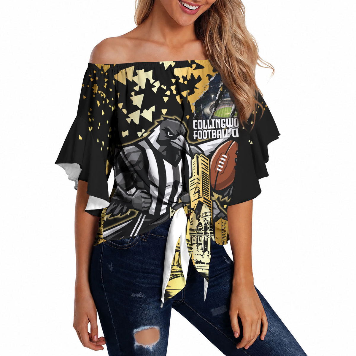 Personalised Collingwood Magpies City Of Football Team Off Shoulder Wrap Waist Top Melbourne City Skyline Illustration Sport Fan