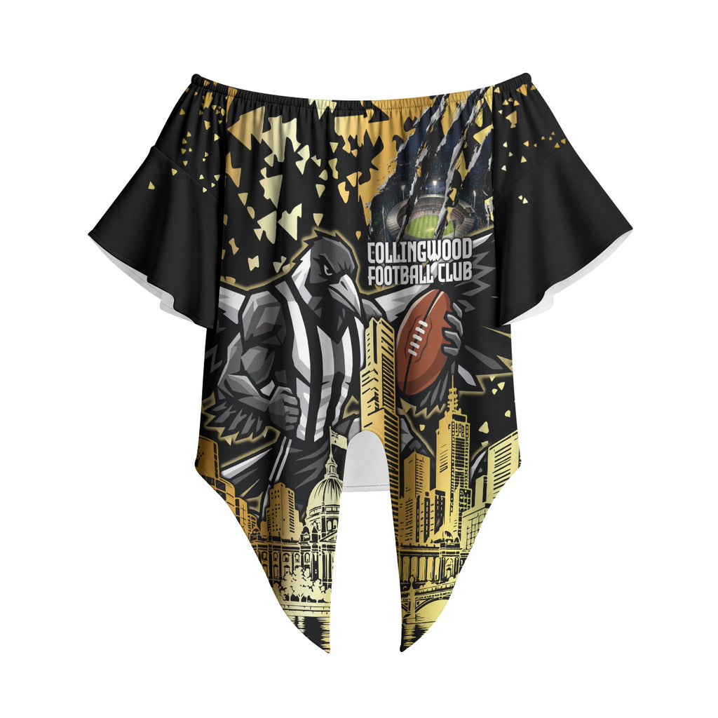 Personalised Collingwood Magpies City Of Football Team Off Shoulder Wrap Waist Top Melbourne City Skyline Illustration Sport Fan