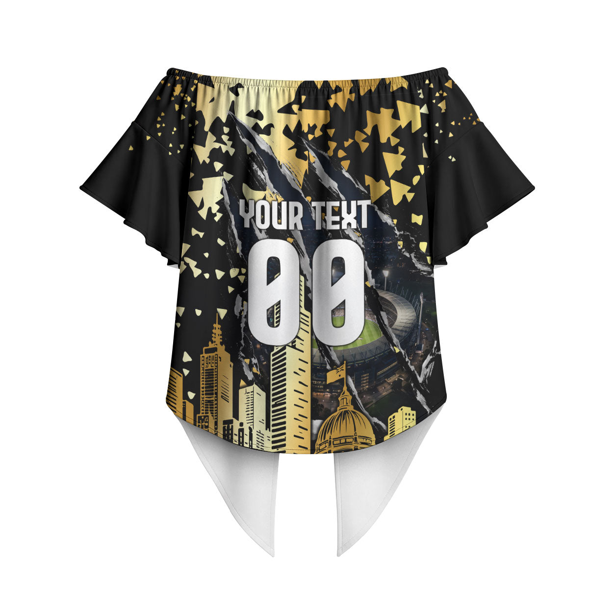 Personalised Collingwood Magpies City Of Football Team Off Shoulder Wrap Waist Top Melbourne City Skyline Illustration Sport Fan