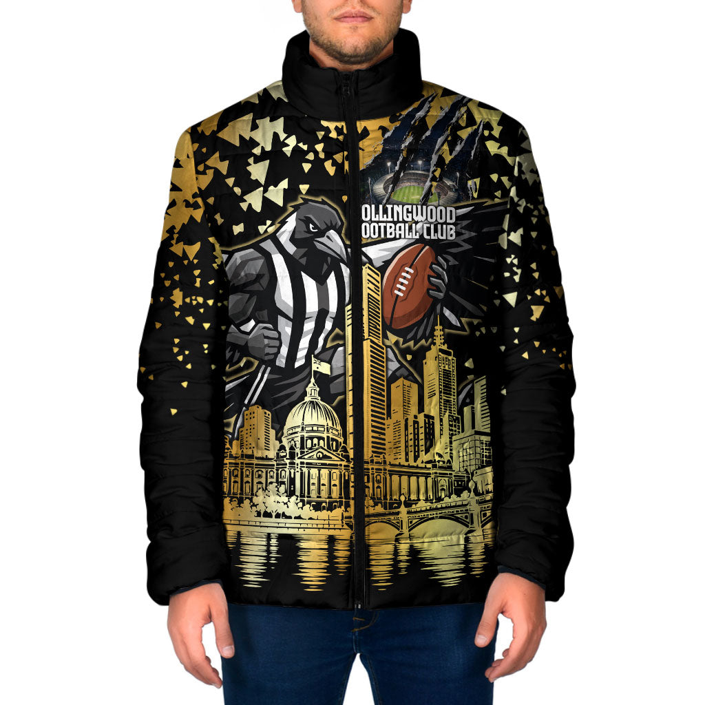 Personalised Collingwood Magpies City Of Football Team Padded Jacket Melbourne City Skyline Illustration Sport Fan