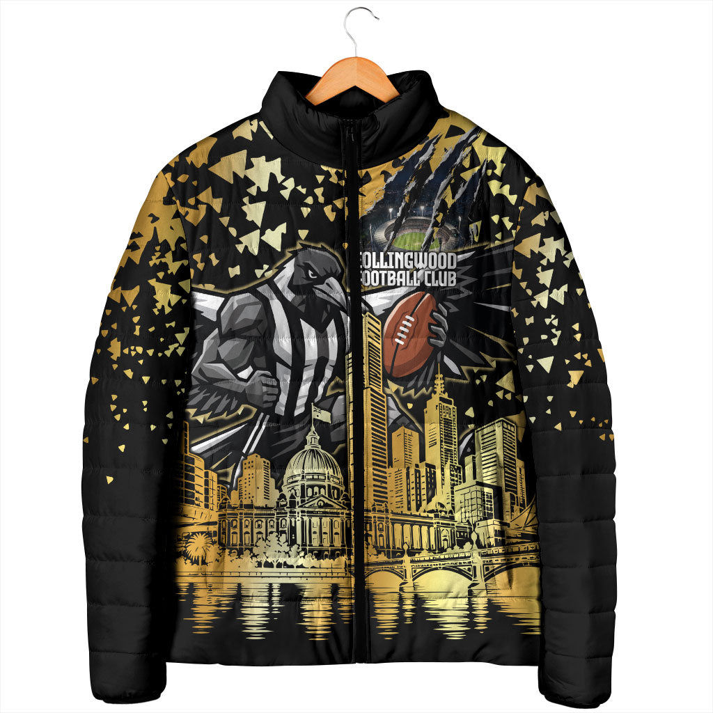 Personalised Collingwood Magpies City Of Football Team Padded Jacket Melbourne City Skyline Illustration Sport Fan