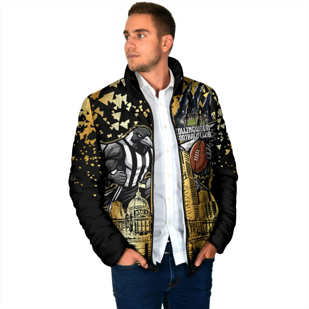 Personalised Collingwood Magpies City Of Football Team Padded Jacket Melbourne City Skyline Illustration Sport Fan