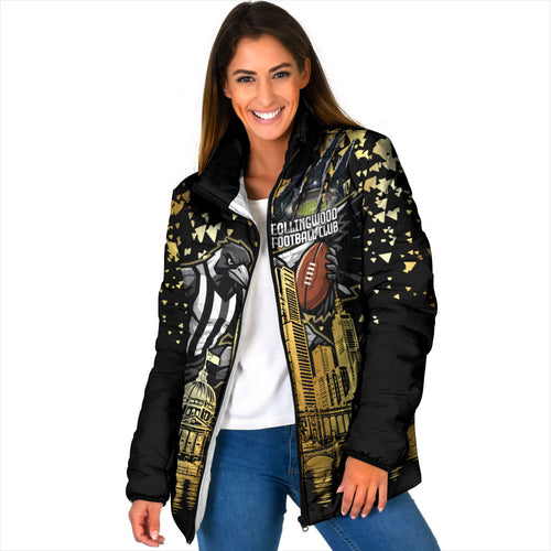 Personalised Collingwood Magpies City Of Football Team Padded Jacket Melbourne City Skyline Illustration Sport Fan