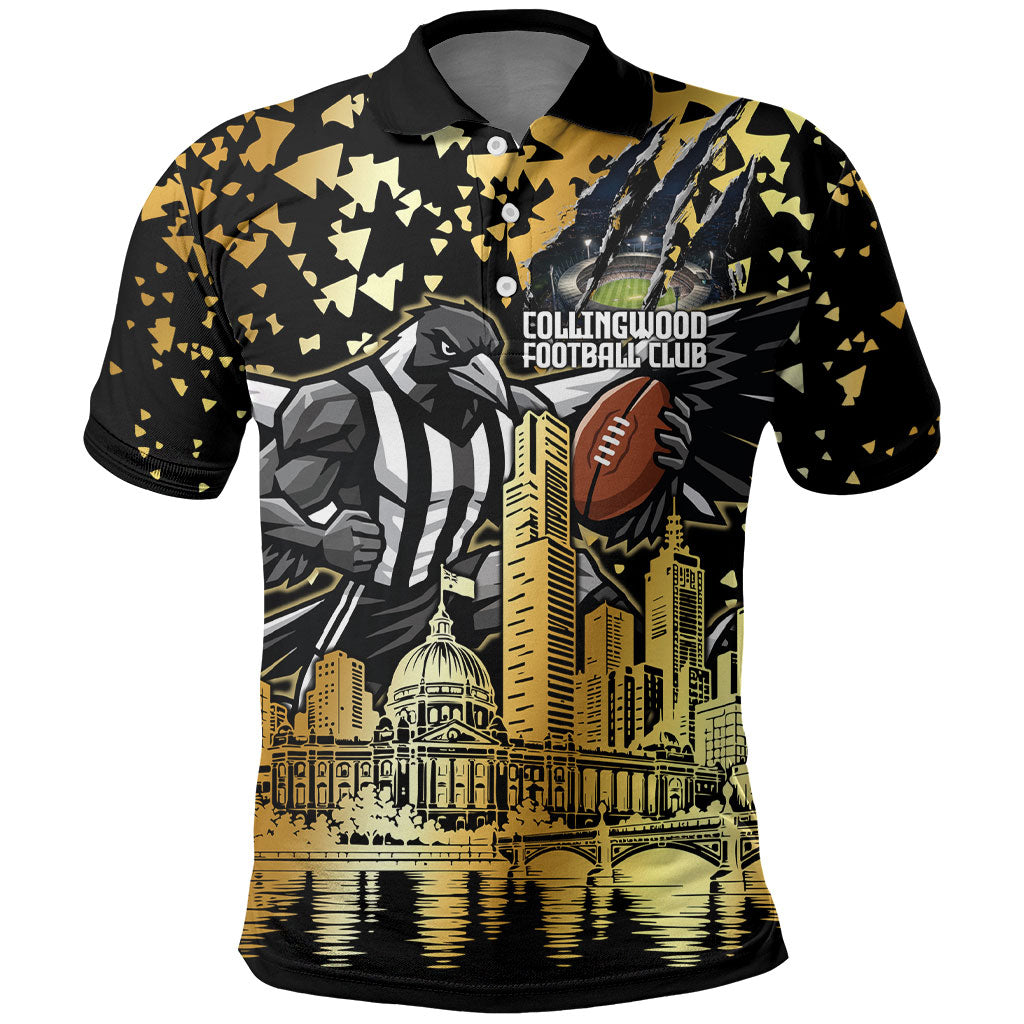 Personalised Collingwood Magpies City Of Football Team Polo Shirt Melbourne City Skyline Illustration Sport Fan
