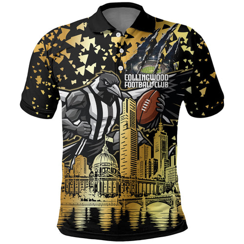 Personalised Collingwood Magpies City Of Football Team Polo Shirt Melbourne City Skyline Illustration Sport Fan