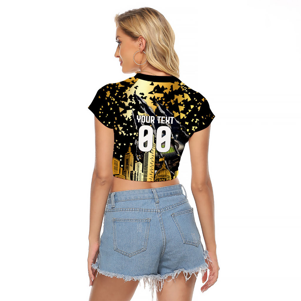 Personalised Collingwood Magpies City Of Football Team Raglan Cropped T Shirt Melbourne City Skyline Illustration Sport Fan