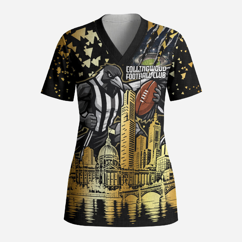 Personalised Collingwood Magpies City Of Football Team Scrub Top Melbourne City Skyline Illustration Sport Fan