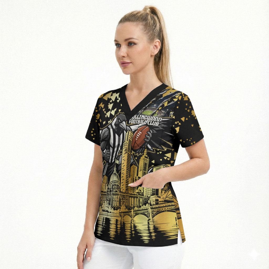 Personalised Collingwood Magpies City Of Football Team Scrub Top Melbourne City Skyline Illustration Sport Fan