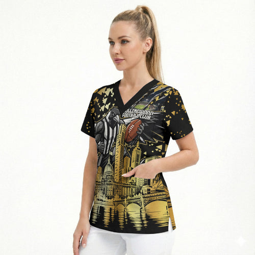 Personalised Collingwood Magpies City Of Football Team Scrub Top Melbourne City Skyline Illustration Sport Fan