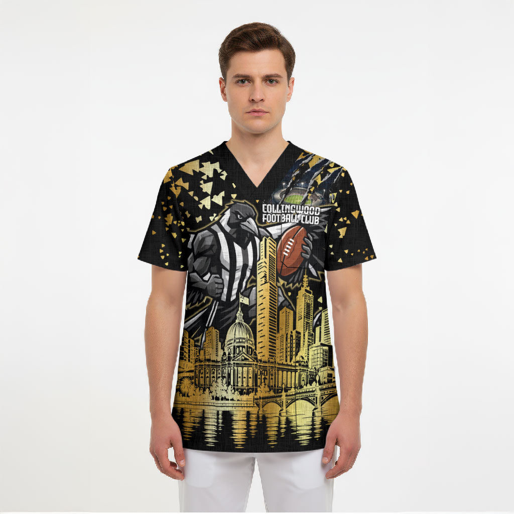 Personalised Collingwood Magpies City Of Football Team Scrub Top Melbourne City Skyline Illustration Sport Fan