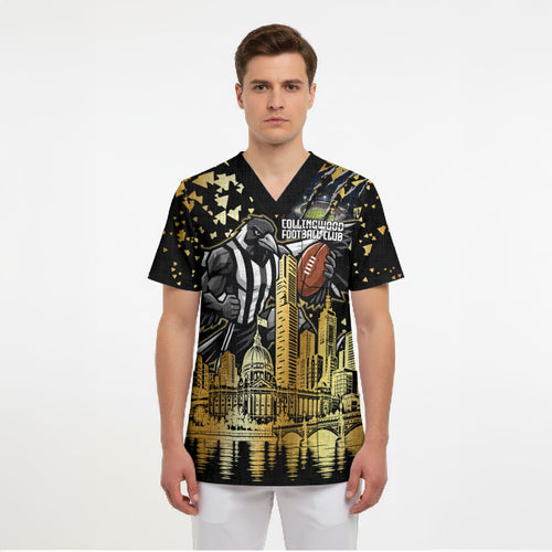 Personalised Collingwood Magpies City Of Football Team Scrub Top Melbourne City Skyline Illustration Sport Fan